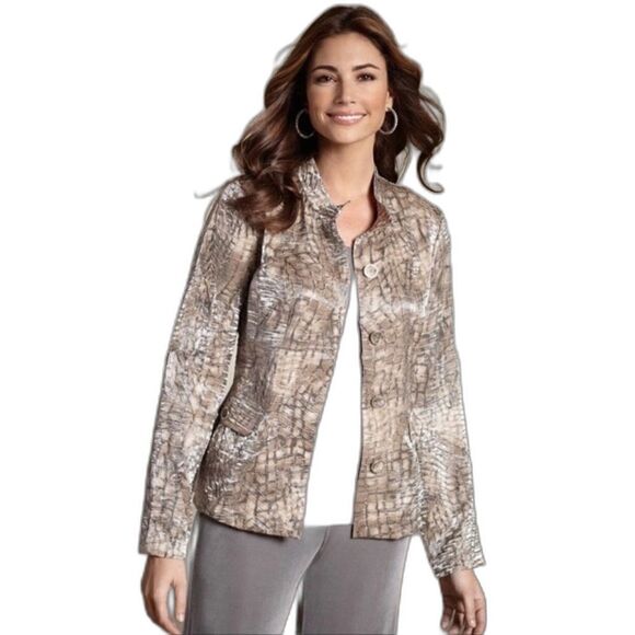Chicos Jacket Women's Size 8 Python Shimmer Print Peplum Button Closure - Picture 1 of 11
